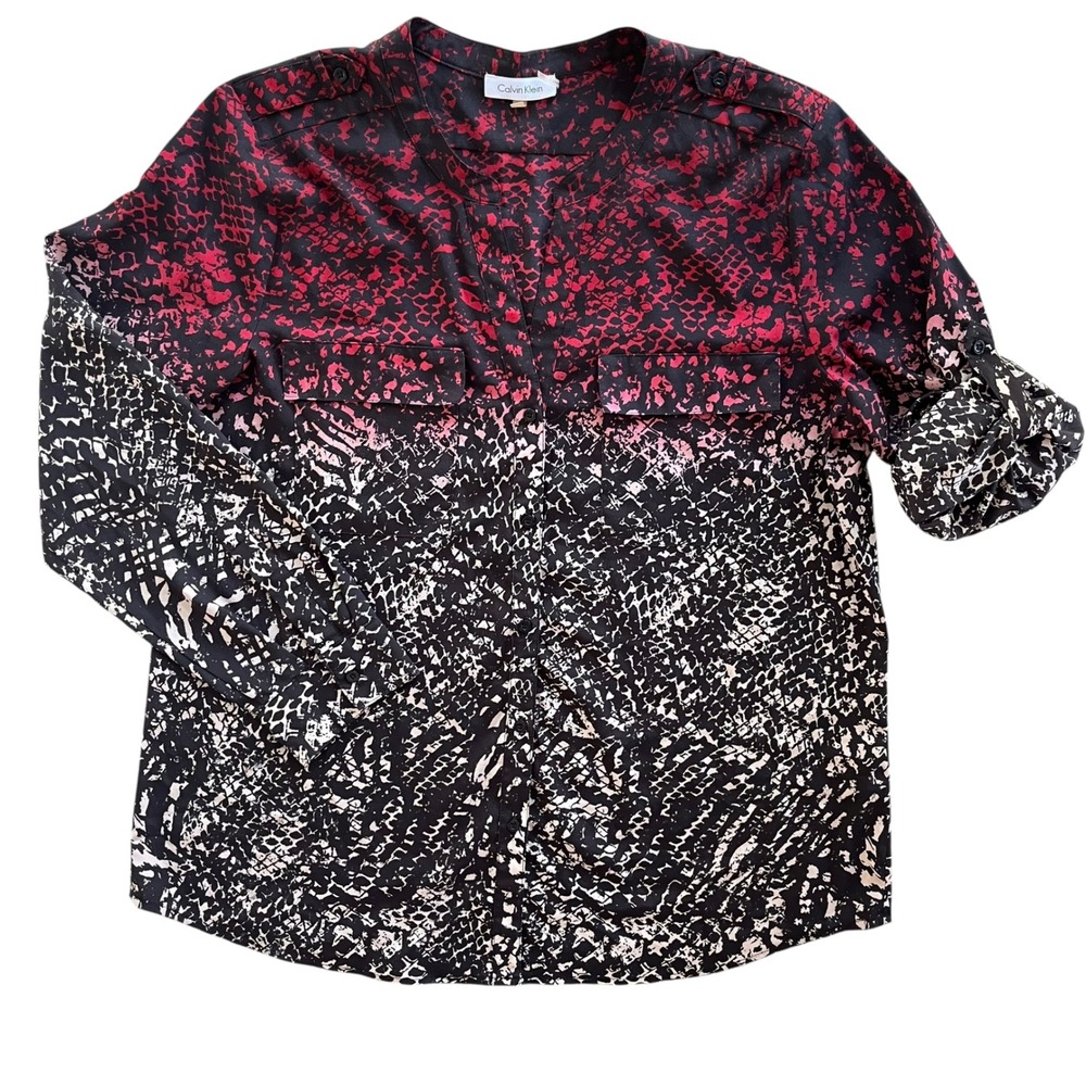 Calvin Klein Women XL Red Black Snakeskin Print Roll Tab Sleeve Button Front Top - Picture 2 of 16